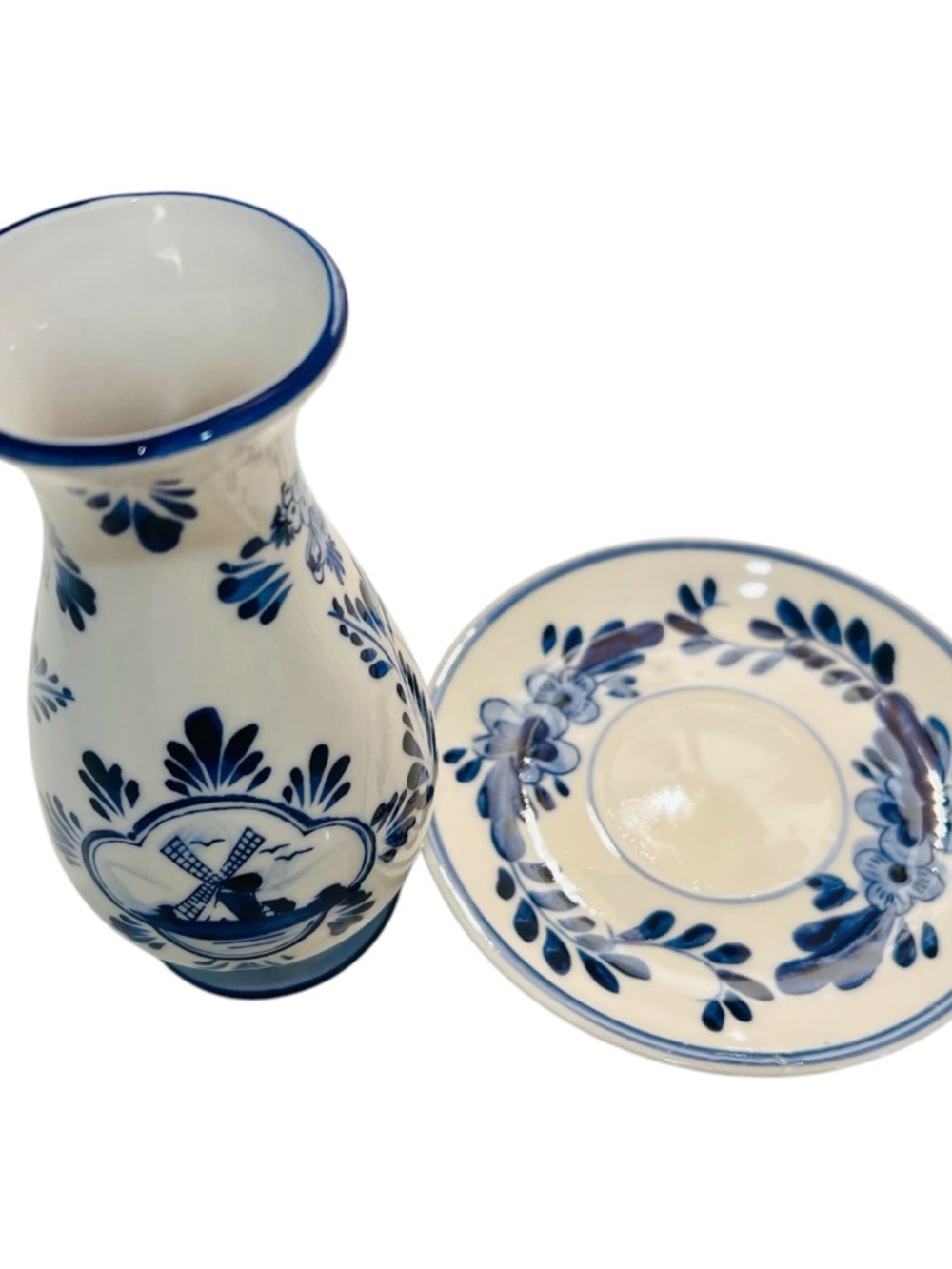Vintage Delft Blue Bud Vase w Plate Handpainted Holland Windmill Floral 5.5” - Picture 3 of 5